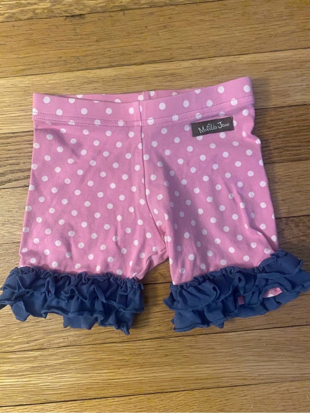 Matilda Jane Pink Polka Dot Ruffle Bike Shorts with Navy Trim
